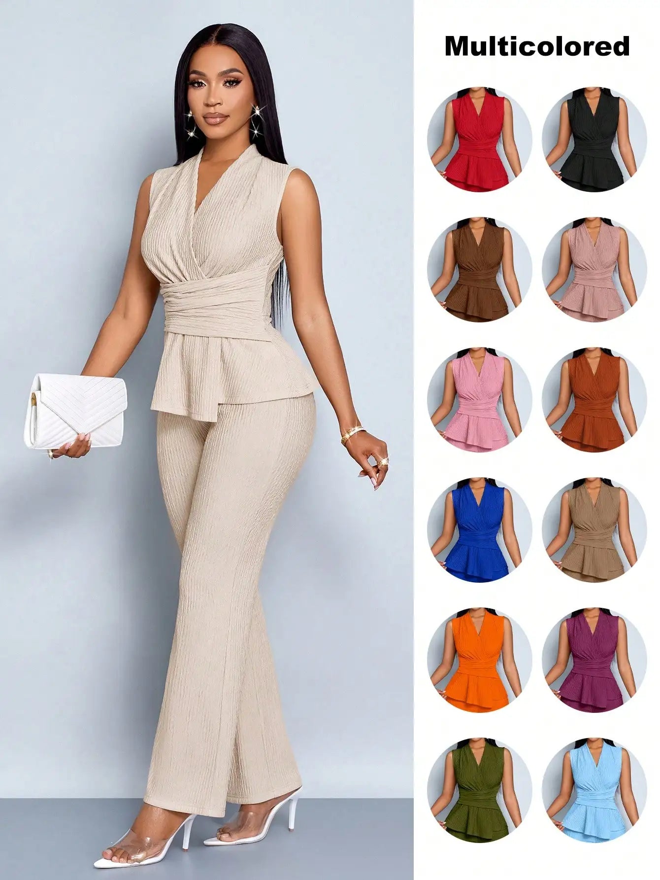 Women's Sleeveless Pleated Peplum Top & Wide-Leg Pants Set