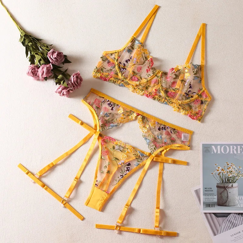 Sexy See-through Yellow Pastoral Floral Bra Garter T-Back Three-Piece Set with Leg Ring Sexy Lingerie Suit