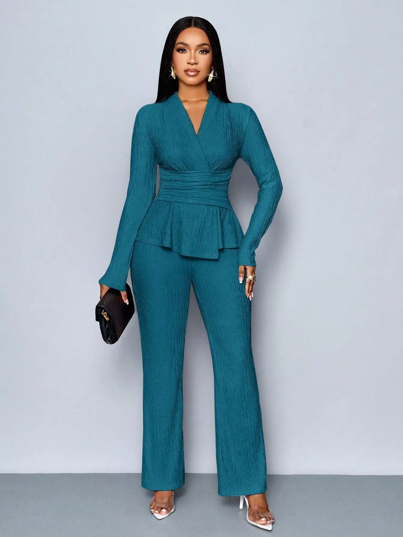 Women's V-neck Peplum Top & Wide Leg Pants Set