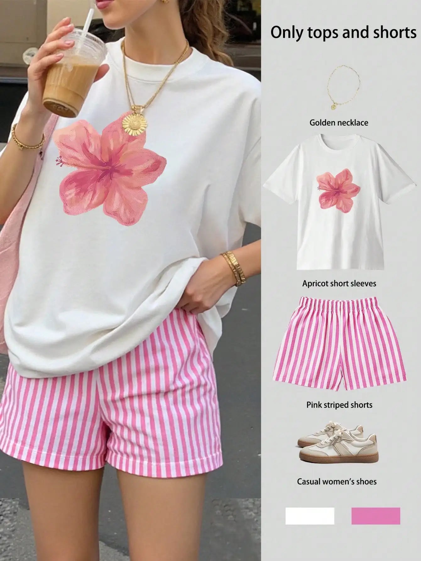 Women's Loose Floral T-Shirt & Striped Shorts Set