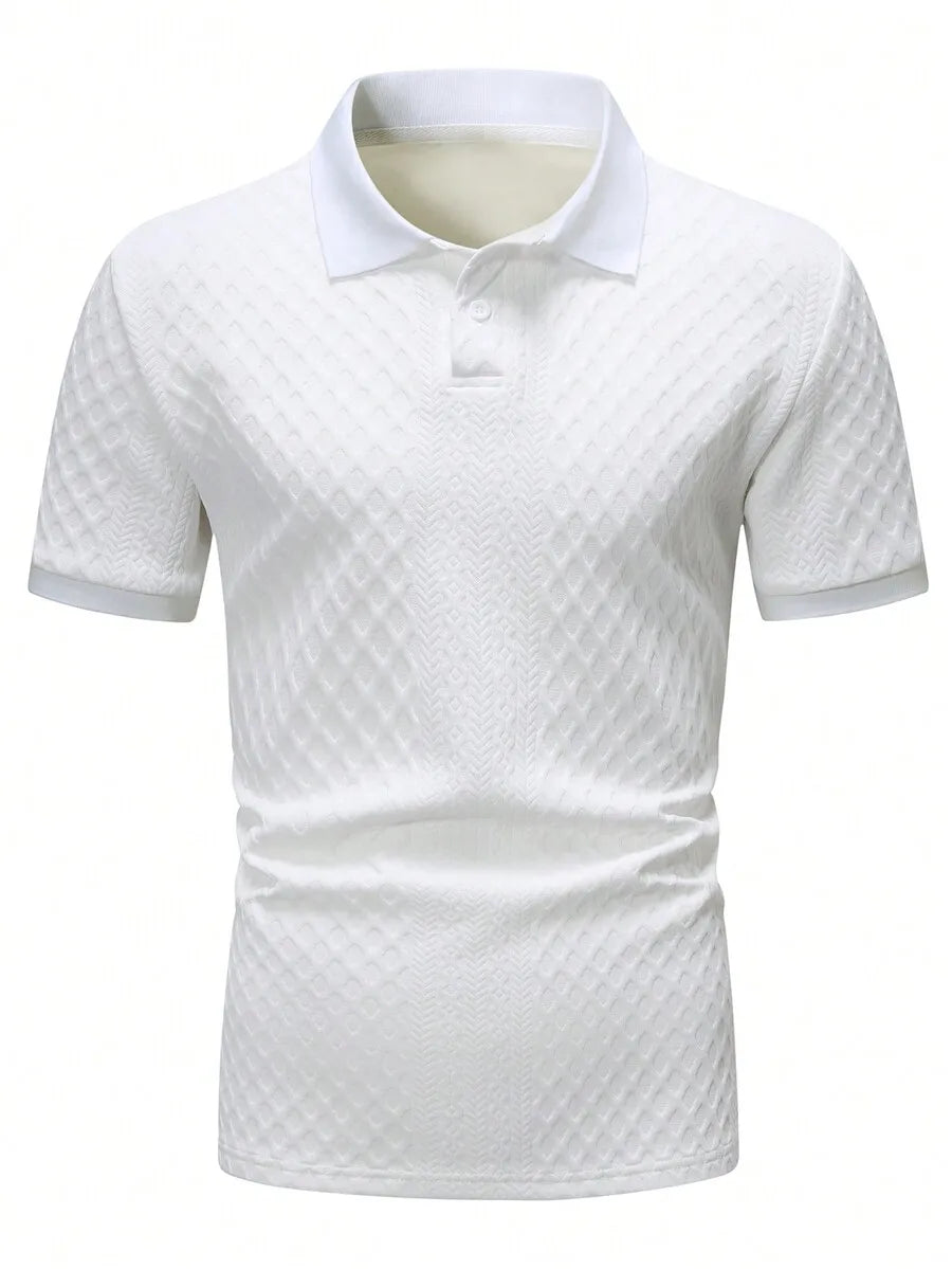 Men's White Short Sleeve Polo Shirt with Geometric Jacquard Knit, Casual Style for Spring Summer Daily Wear
