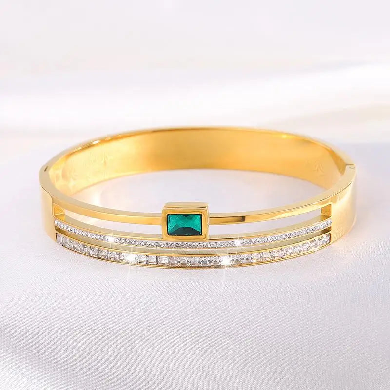 Gold Color Stainless Steel Wide Bangle Double Row Crystal Zircon Bracelet For Women High Quality Fashion Jewelry Gift