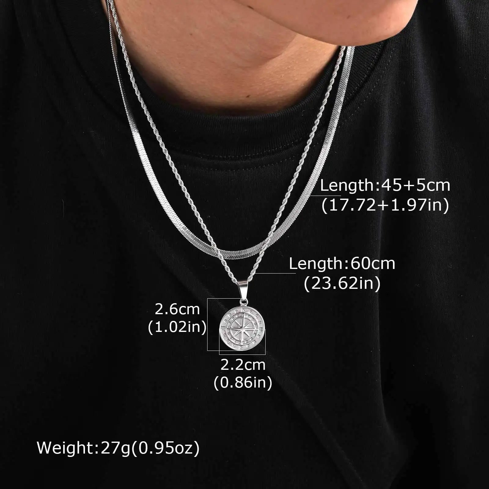 2pcs/set Compass Necklace for Men Boys,Stainless Steel Viking North Star Anchor Medal Round Coin Pendant,Punk Jewelry Gift