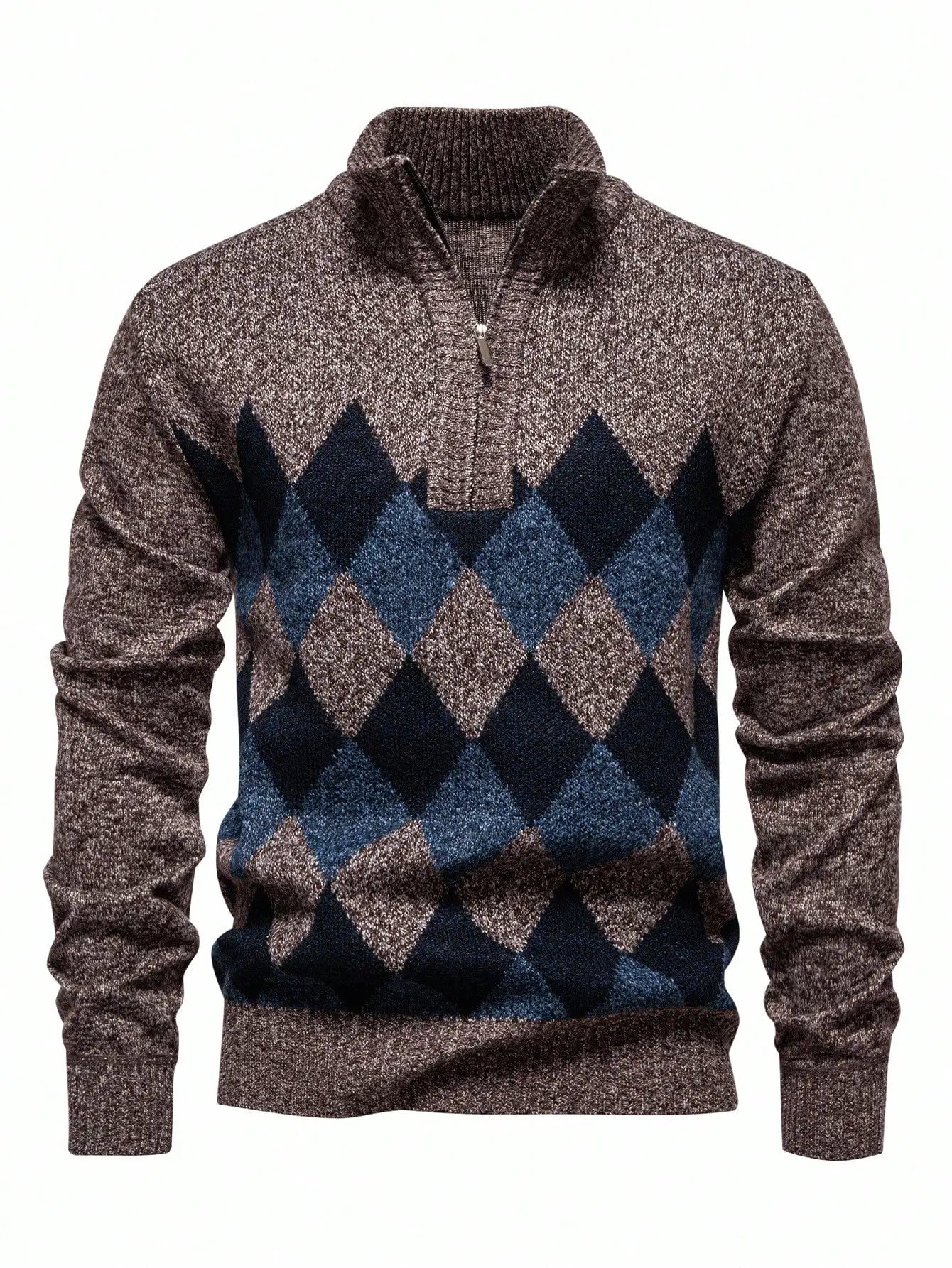 Men's Quarter Zip Sweater with Rhombus Pattern, Casual Long Sleeve Knit for Autumn Winter