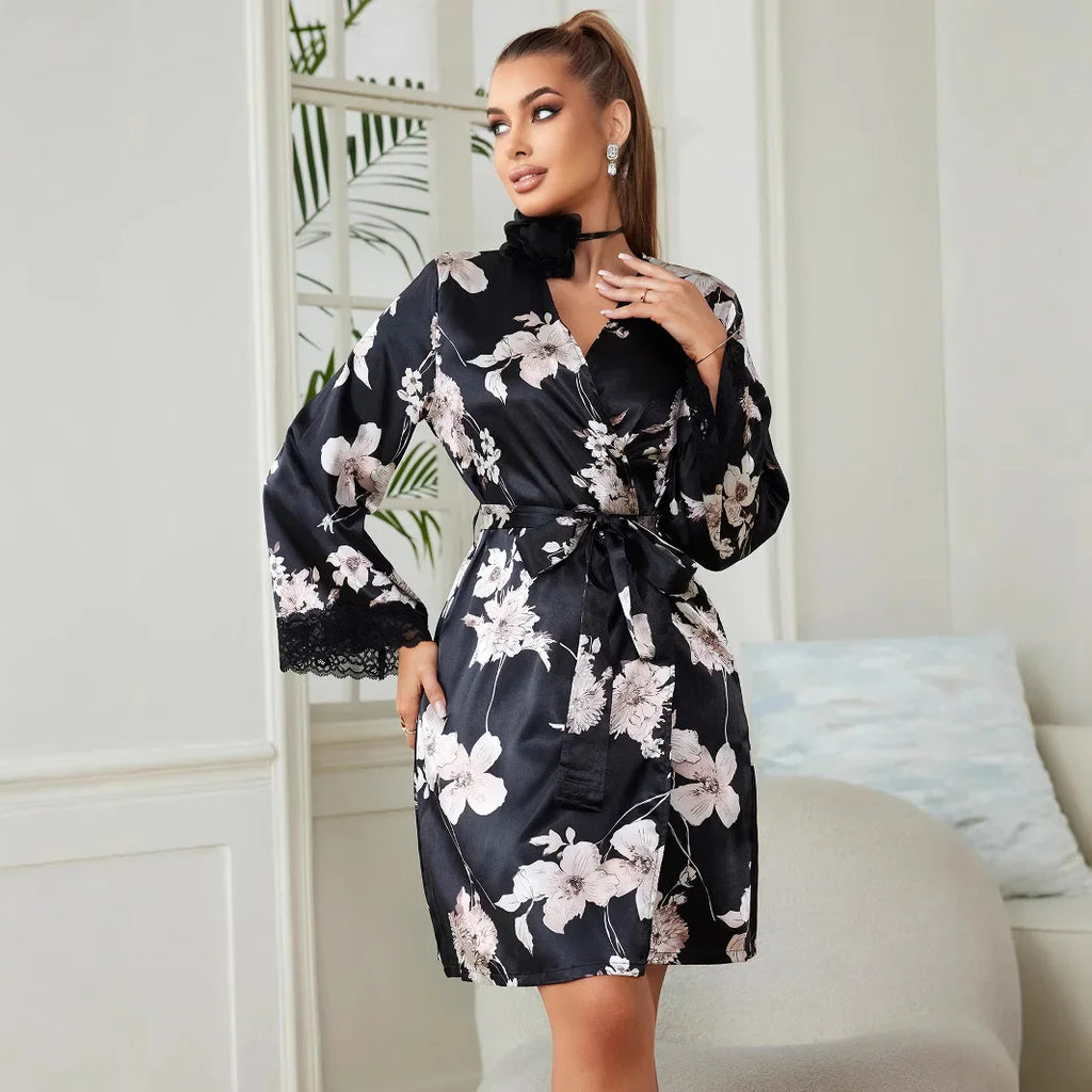 Women's Satin Floral Sleepwear Kimono Robe