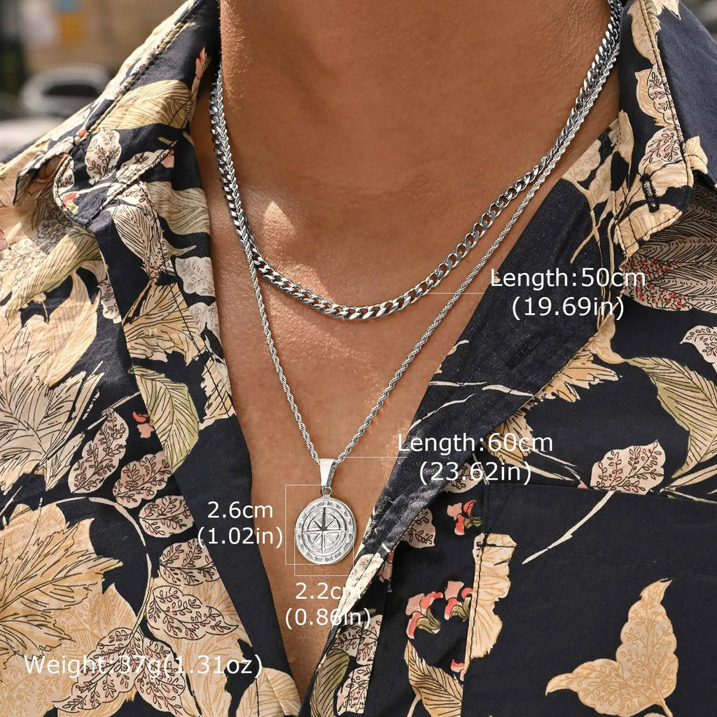 2pcs/set Compass Necklace for Men Boys,Stainless Steel Viking North Star Anchor Medal Round Coin Pendant,Punk Jewelry Gift
