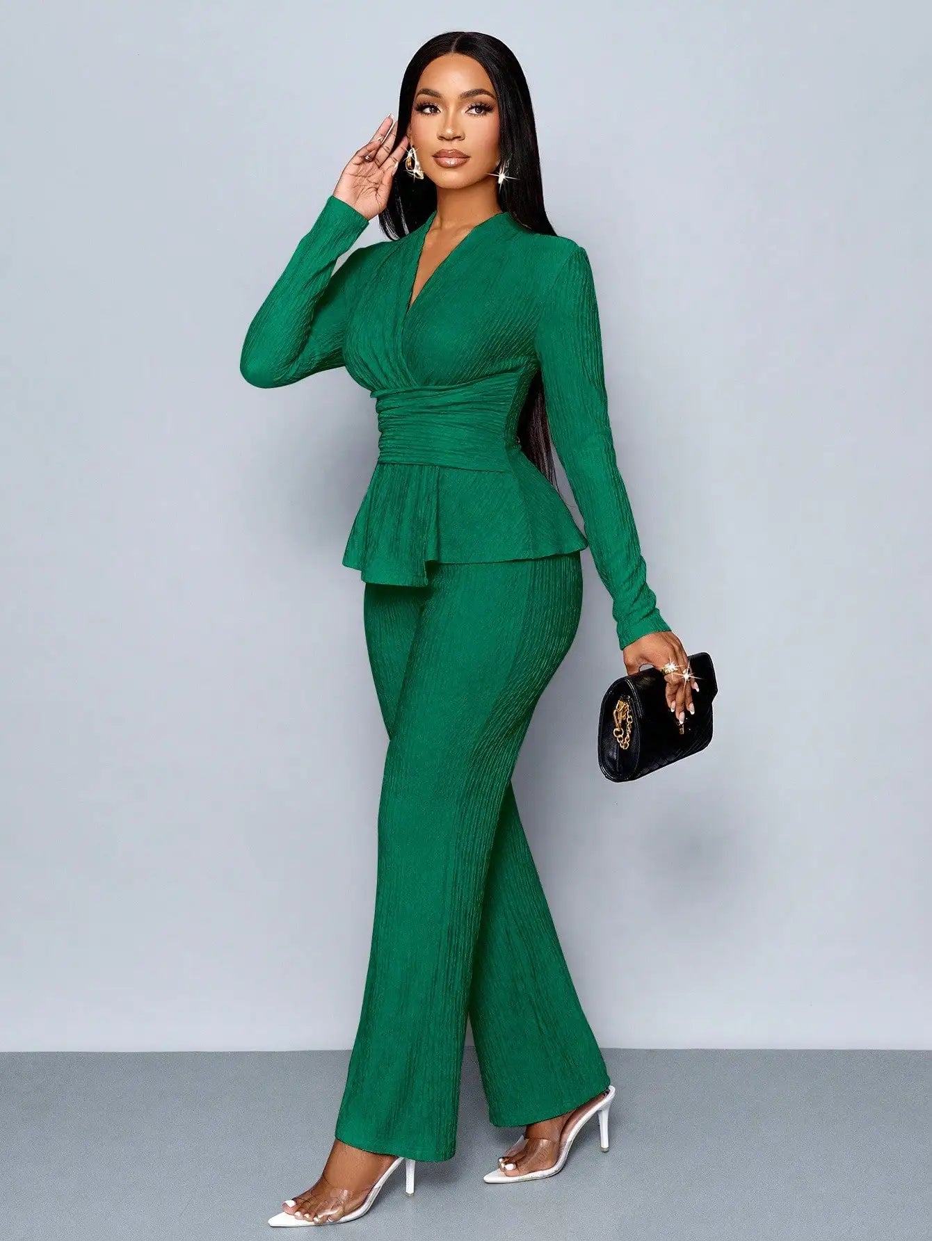 Women's V-neck Peplum Top & Wide Leg Pants Set