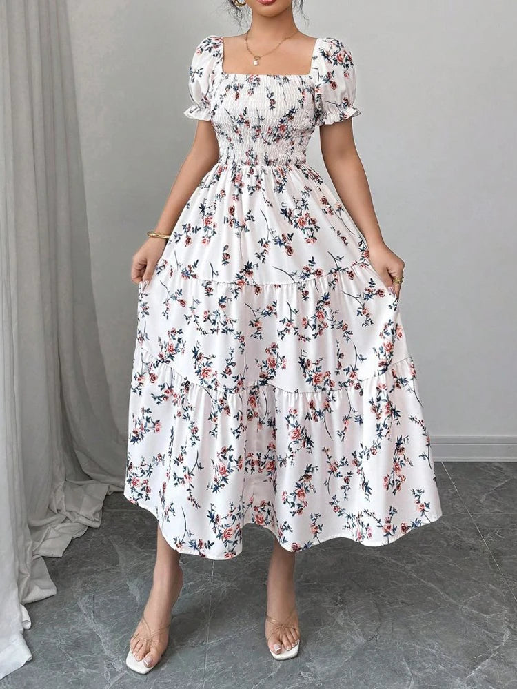 Women's Floral Puff Sleeve Maxi Dress