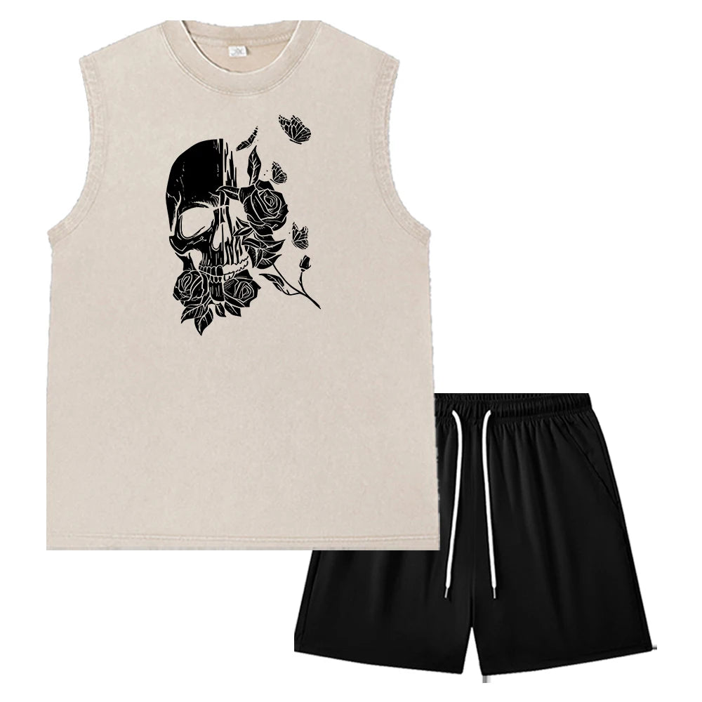 Summer Men's Casual Outfit Black Vintage Washed Tank Top & Quick Dry Double-Layer Beach Shorts Set Skull & Roses Graphic Print