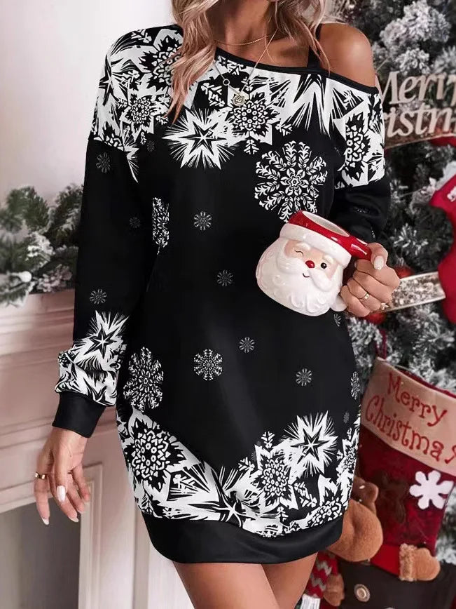 Women's Snowflake Print Holiday Asymmetrical Shoulder Mini Dress