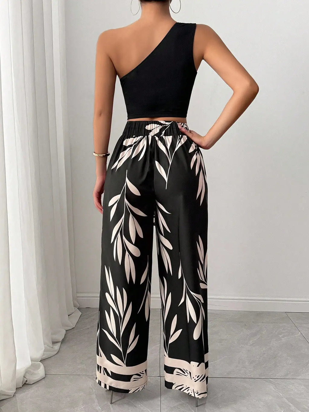 One Shoulder Crop Top & Wide Leg Pants Set
