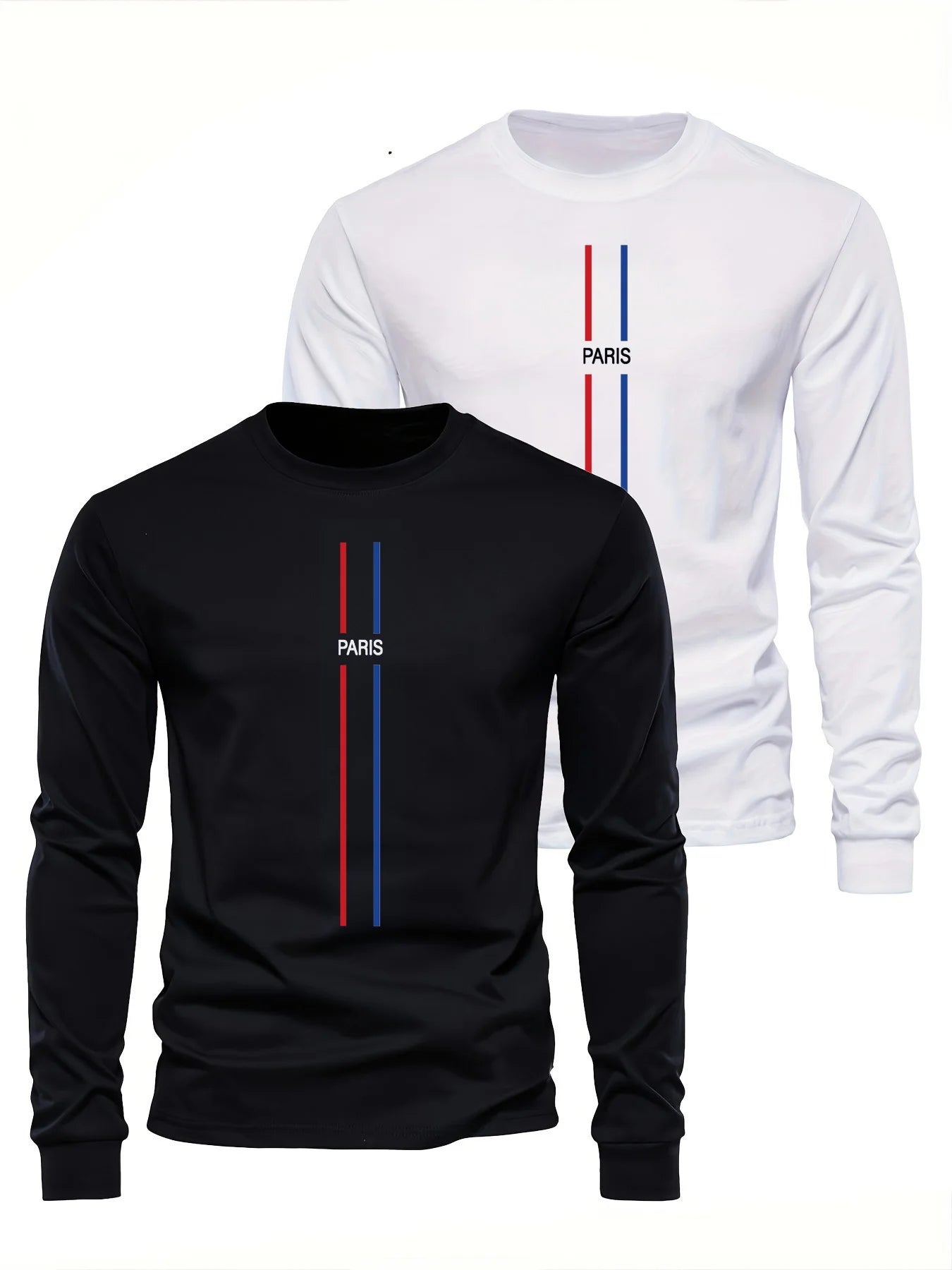 100% pure cotton men's long sleeved round neck loose casual Paris pattern printed spring and autumn versatile T-shirt top