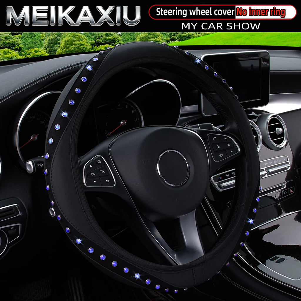 Blingbling New PU Leather Steering Wheel Cover for Women with Artificial Gemstones Car Decorative Item Rimless