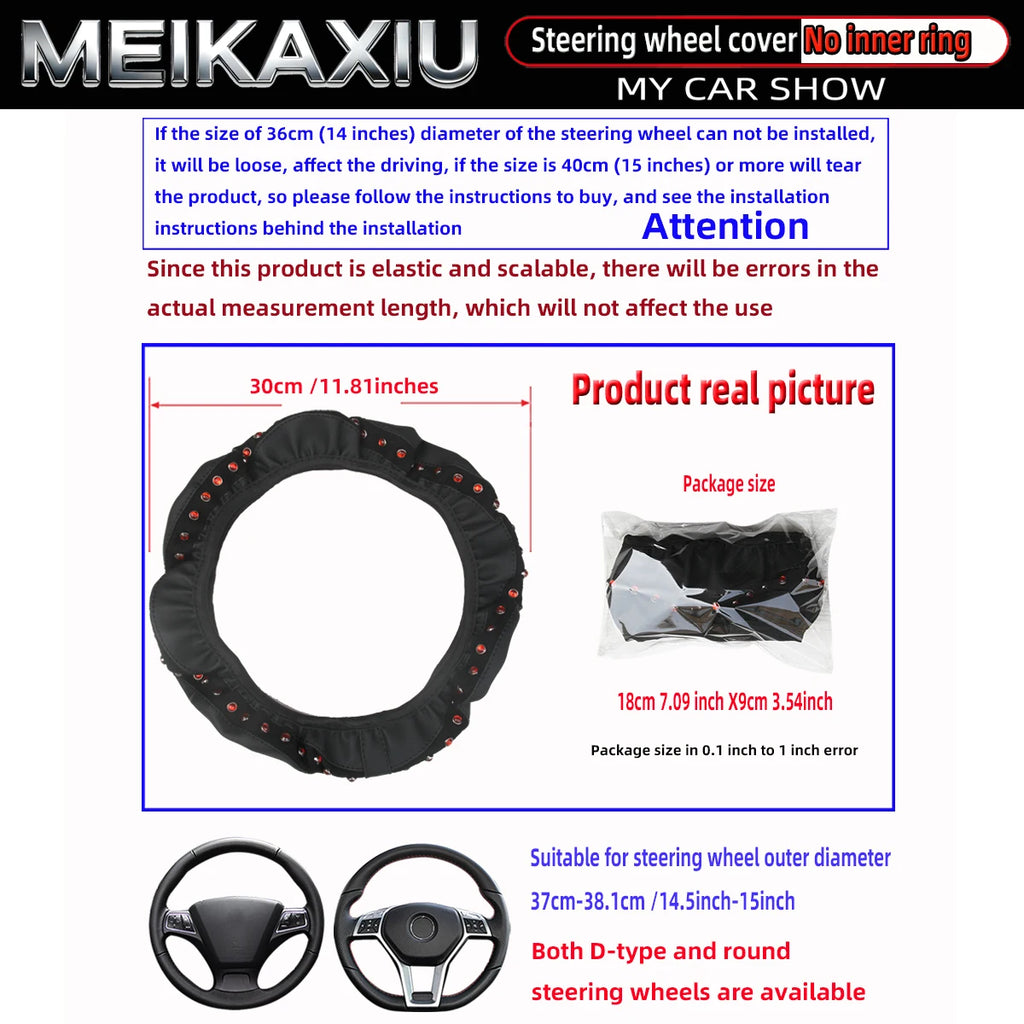 Blingbling New PU Leather Steering Wheel Cover for Women with Artificial Gemstones Car Decorative Item Rimless