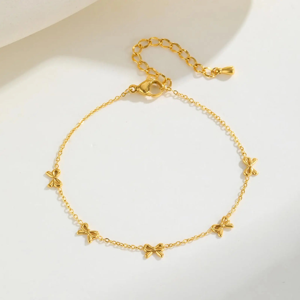 Minimalist Bowknot Bracelet for Women,Gold Color Stainless Steel Flat Rolo Chain Bow Bracelets,Trendy Waterproof Jewelry Gifts