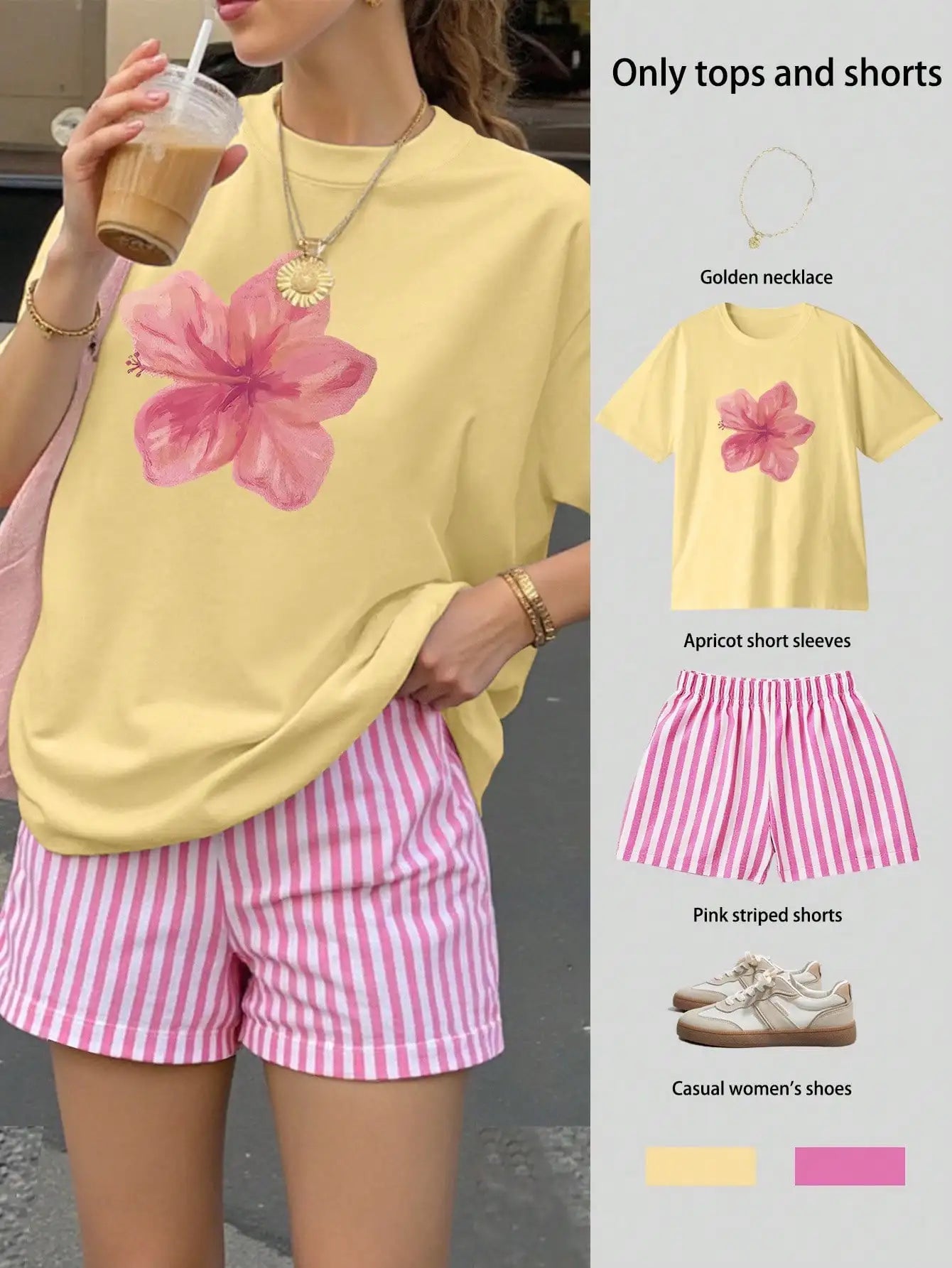 Women's Loose Floral T-Shirt & Striped Shorts Set