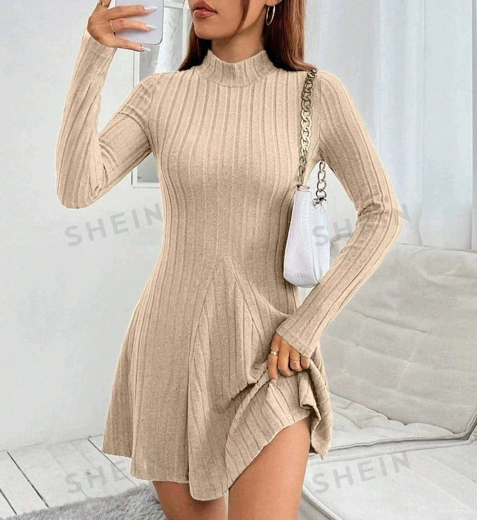 Women's slim fit half high collar waist cinched A-line skirt long sleeved pit stripe dress