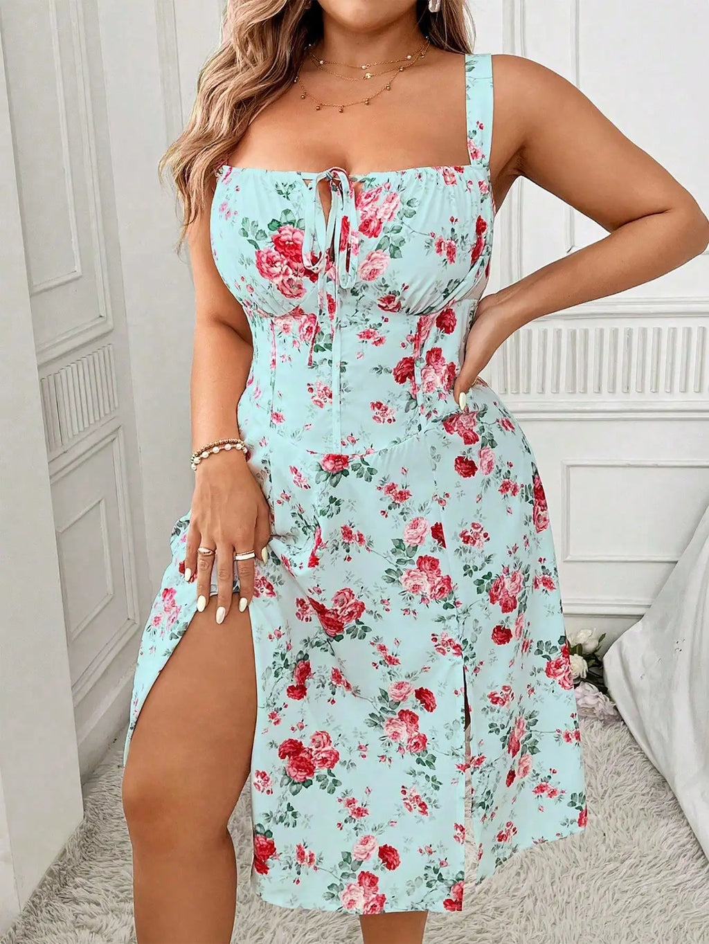 Women's Floral Tie Front Summer Dress with side slit
