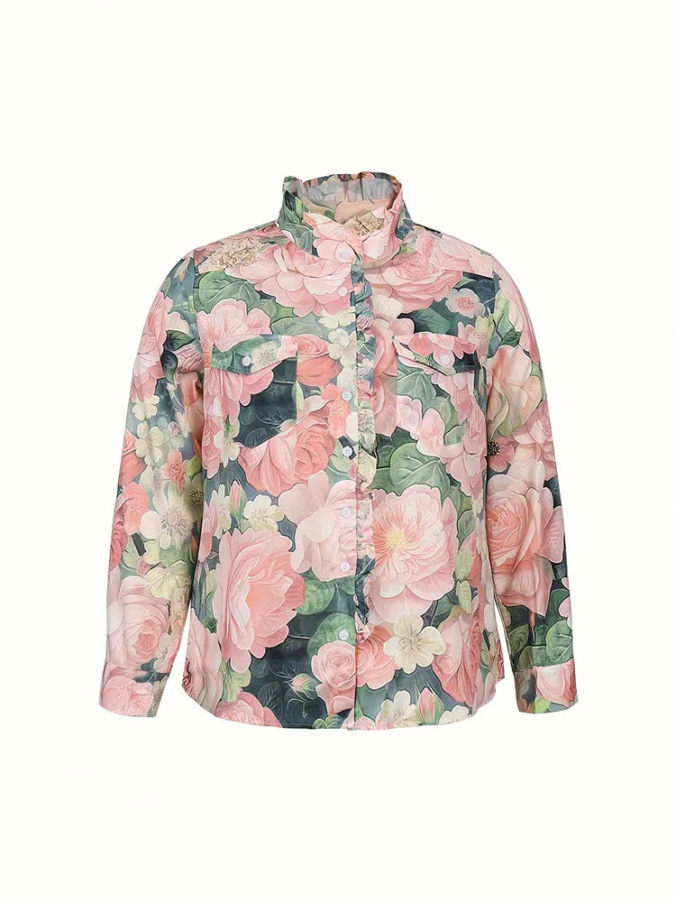 Plus Size Long Sleeve Button Up Floral Shirt