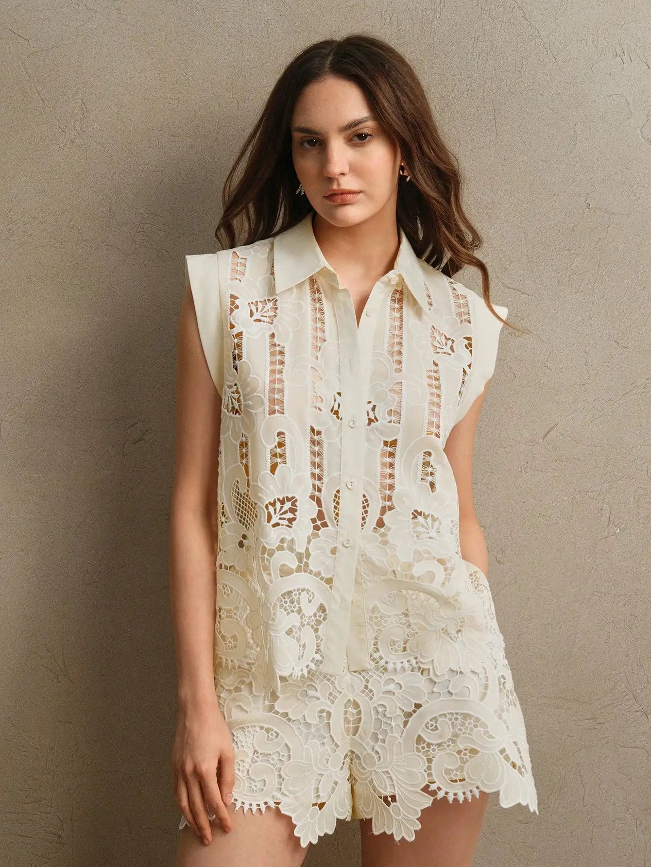 Anewsta Women's Luxury Vintage Embroidered Lace Blouse And Shorts Set