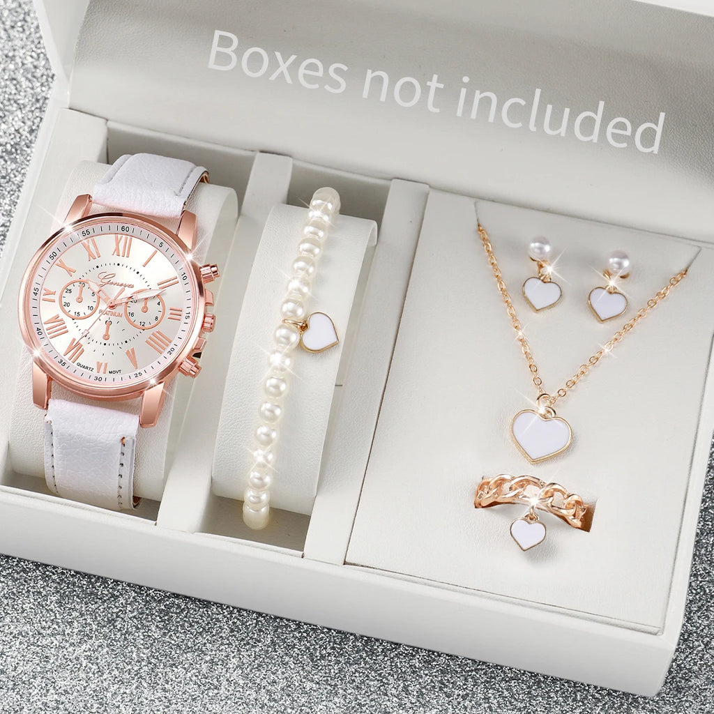6PCS/Set Fashion Women's Quartz Watch Leather Band Analog Wrist Watches Heart Rhinestone Jewelry Set(Without Box)