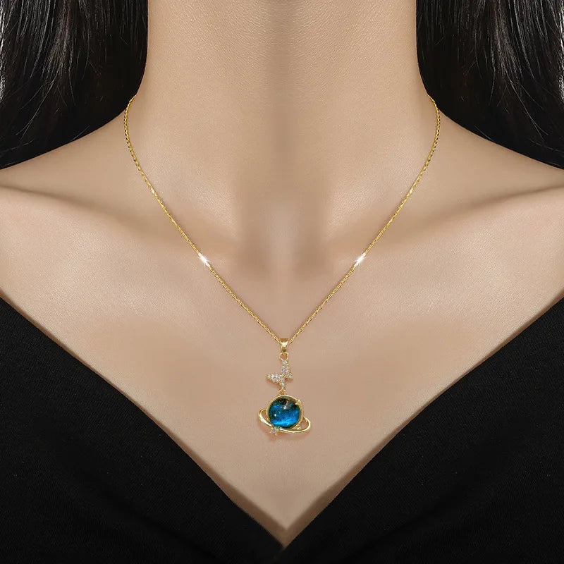 ZAKOL Spaceman Astronaut Star Necklaces For Women Girls Gold Color Planet Moon Pendant Clavicle Chain Choker Jewelry Gifts