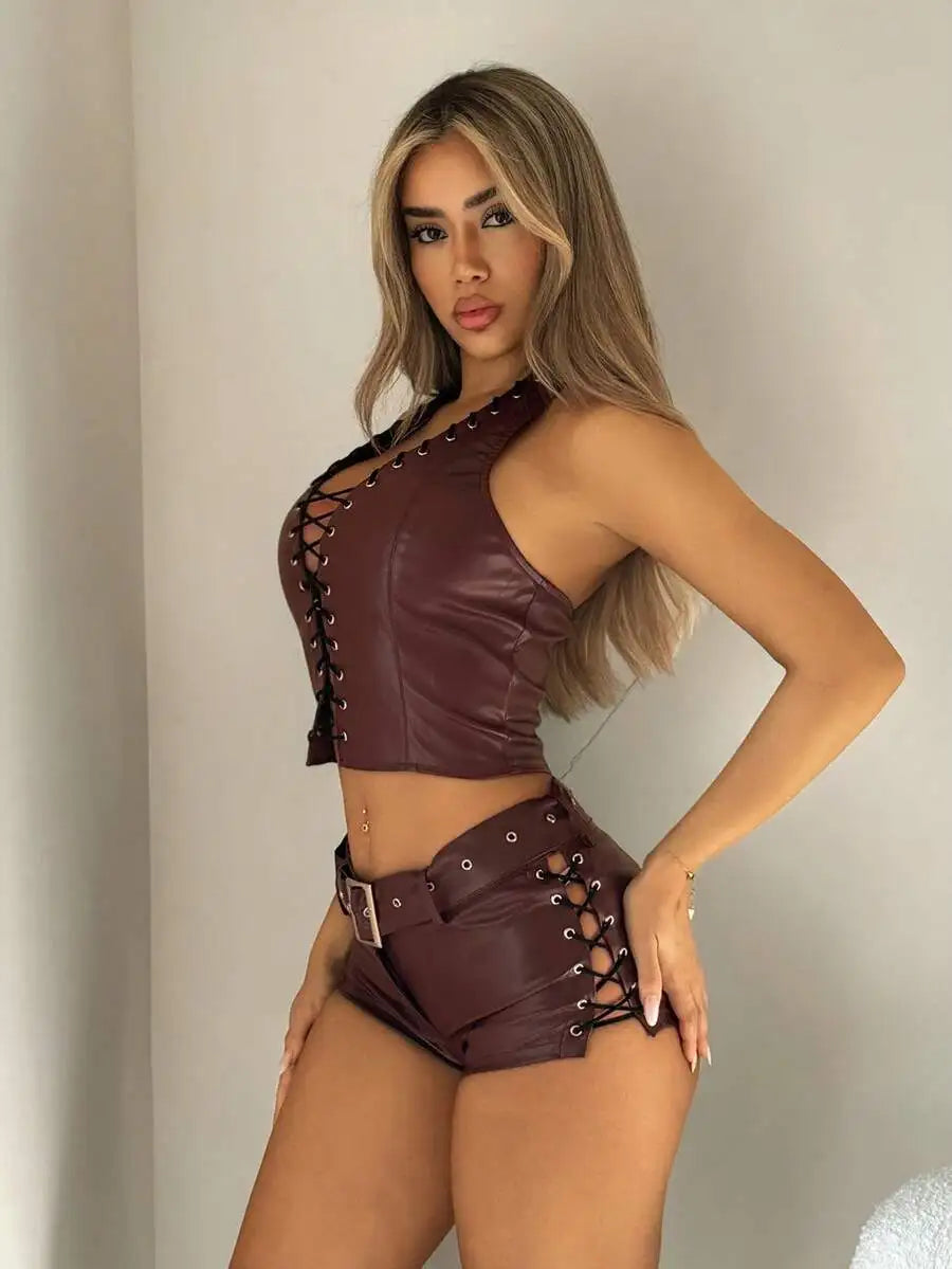 Women's Faux Lace-Up Crop Top & Leather Shorts Set