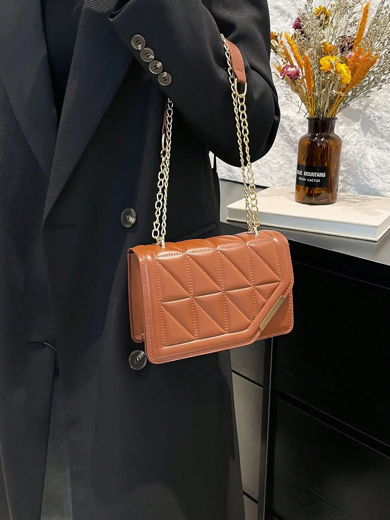 Brown Quilted Square Chain Strap Crossbody Bag for Women
