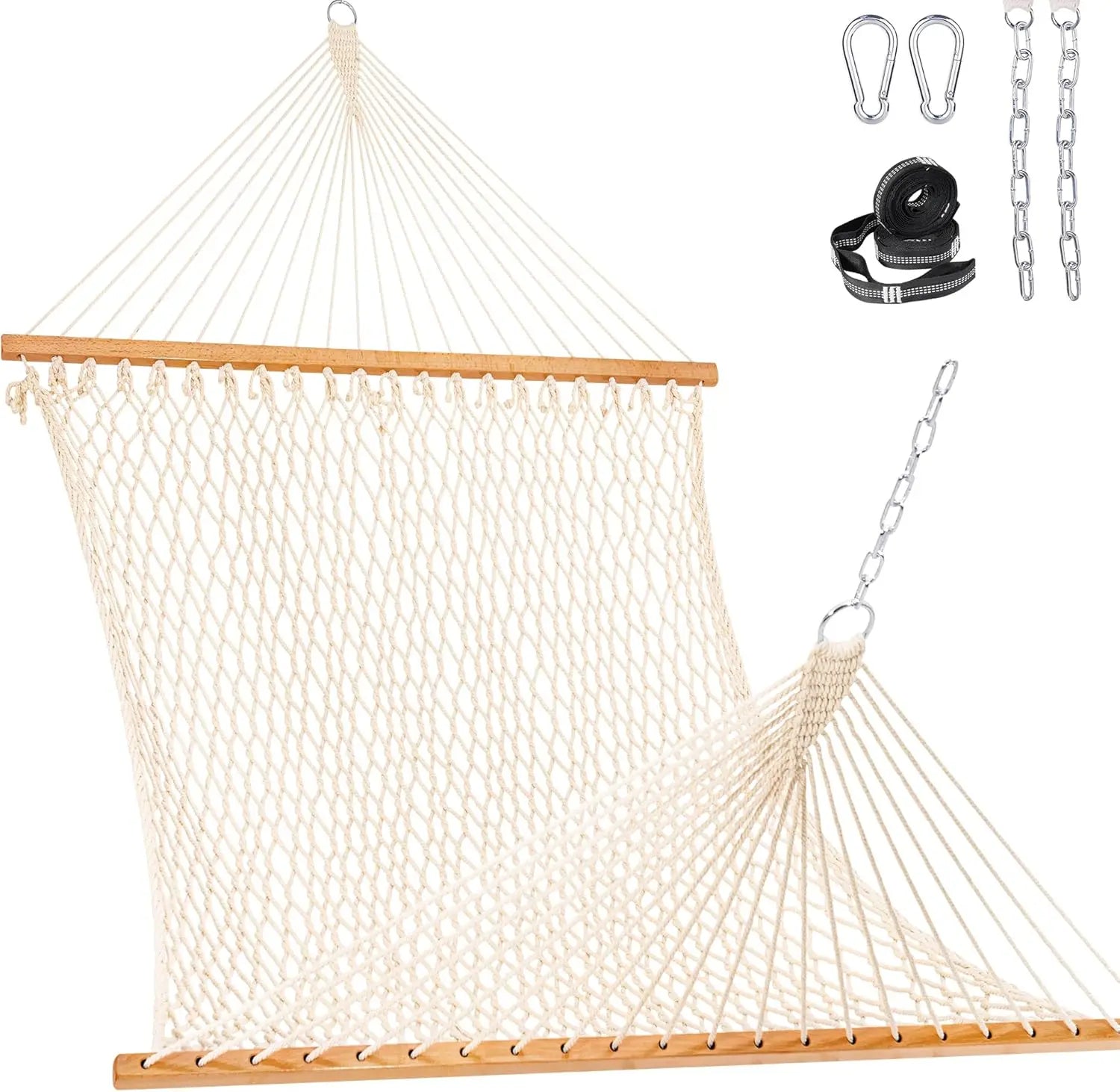 Double Rope Hammock for 2 Persons, Hand Woven Cotton with Spreader Bar and Straps, Max 450 Lbs, Natural Outdoor