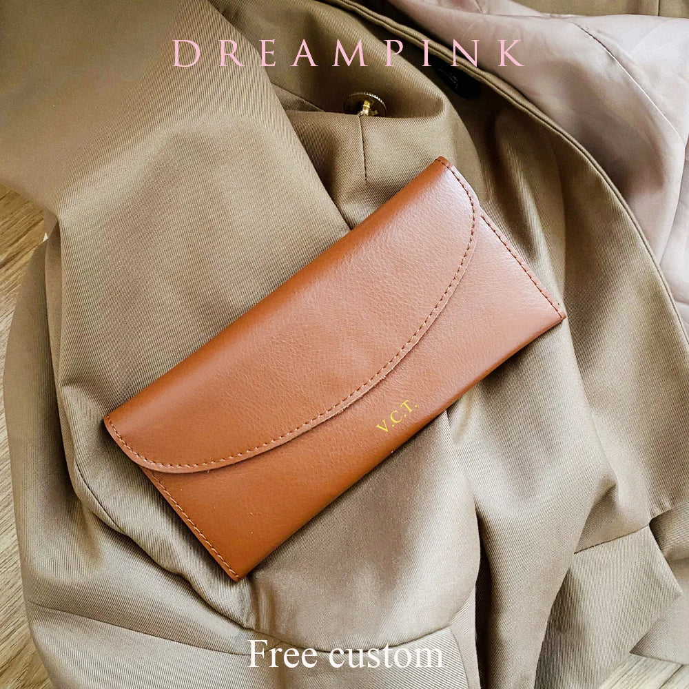 Genuine Leather Women Long Wallet Custom Letters Slim Female Clutch Bag Personalize Name Initials Folded Lady Card Holder Purse