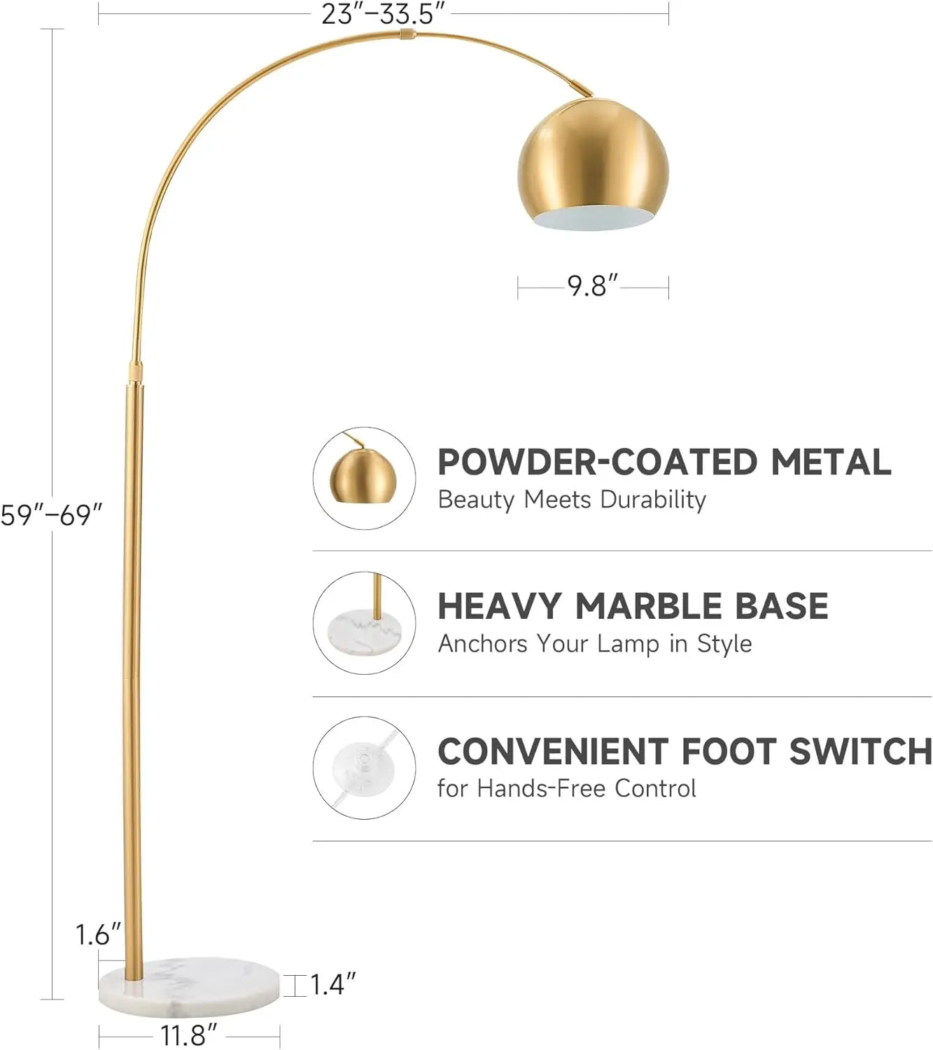 Modern Arc Floor Lamp with Adjustable Shade and Marble Base, LED Bulb Included for Living Room Lighting