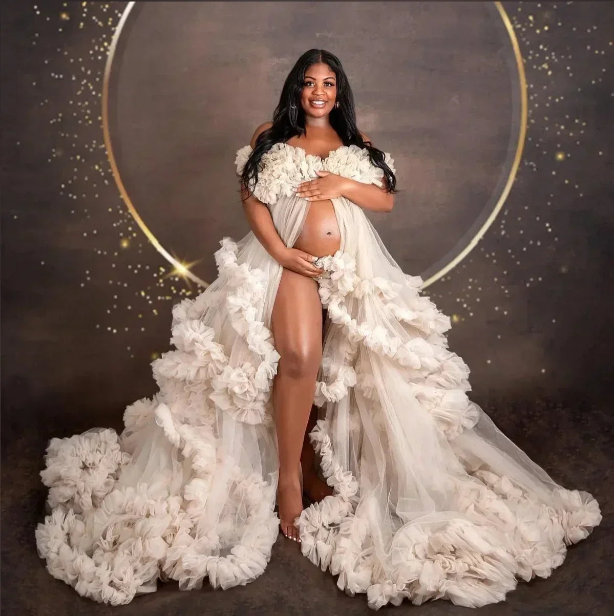 Maternity Dresses Customized Photoshoot Tiered Ruffles Pregnant Women Gowns Baby Shower Off Shoulder Front Slit Bridal Sleepwear