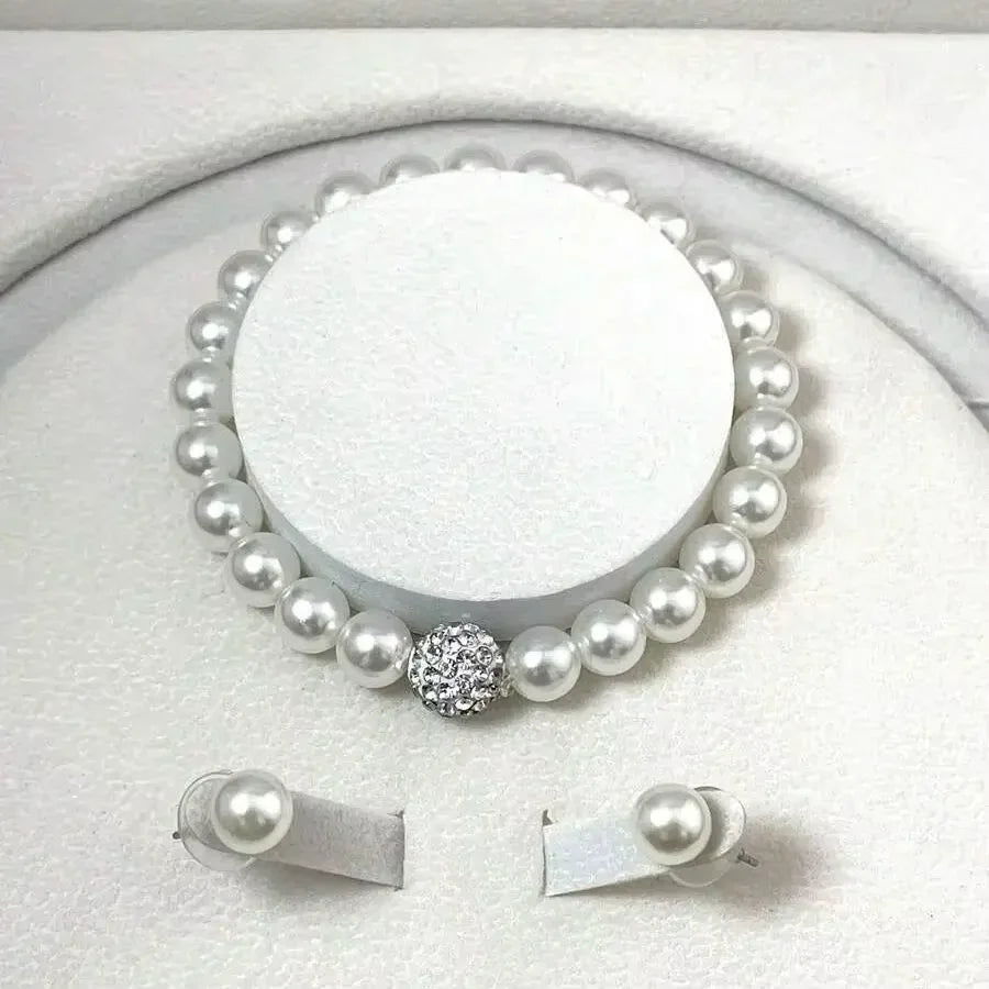 3 PCS Imitation Pearl Fireball Necklace Bracelet Earring Stud Jewelry Set Silver Color Crystal Stone Elegant Bridal Jewelry Gift