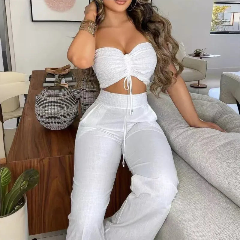 White Two-Piece Lounge Set with a Strapless Crop Top & Wide Leg Pants