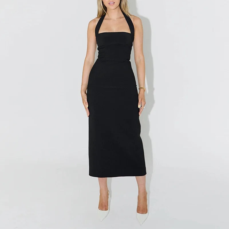 European American Halter Backless Dress 2026 Summer Sexy Sleeveless Solid Color Fashion Casual Party Midi Dress