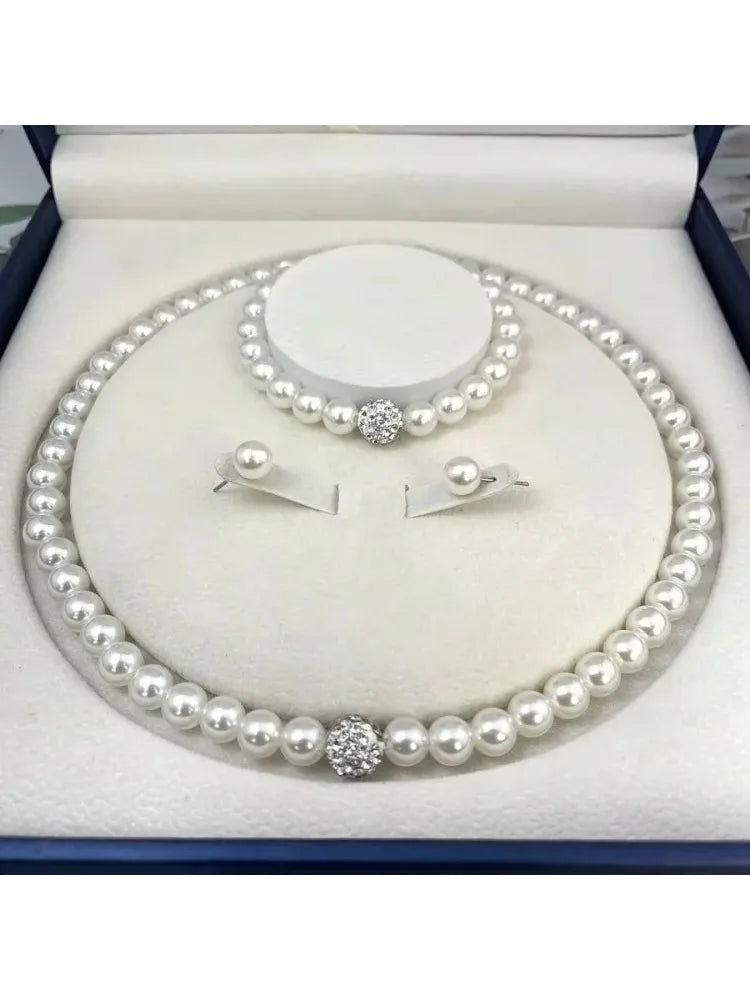 3 PCS Imitation Pearl Fireball Necklace Bracelet Earring Stud Jewelry Set Silver Color Crystal Stone Elegant Bridal Jewelry Gift