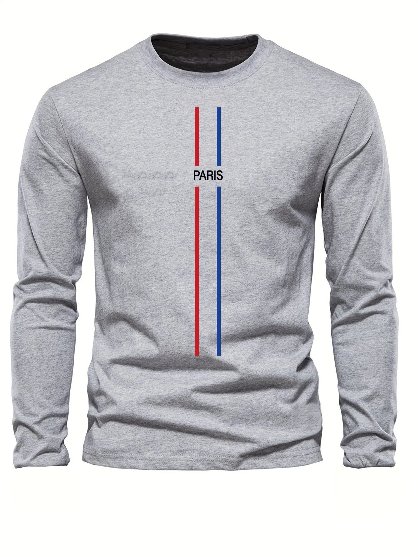 100% pure cotton men's long sleeved round neck loose casual Paris pattern printed spring and autumn versatile T-shirt top