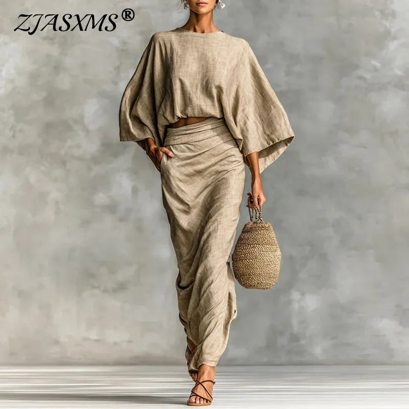 Women’s Linen Skirt Set – Batwing Sleeve Top & Pleated Maxi Skirt