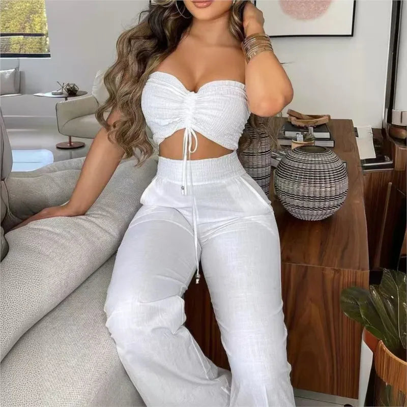 White Two-Piece Lounge Set with a Strapless Crop Top & Wide Leg Pants