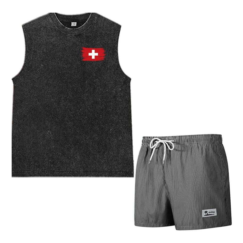 Casual Summer Men's 2 Piece Outfit: Vintage Washed Sleeveless Tee & Pinstripe Quick Dry Swim Shorts Set with Flag Graphic Print