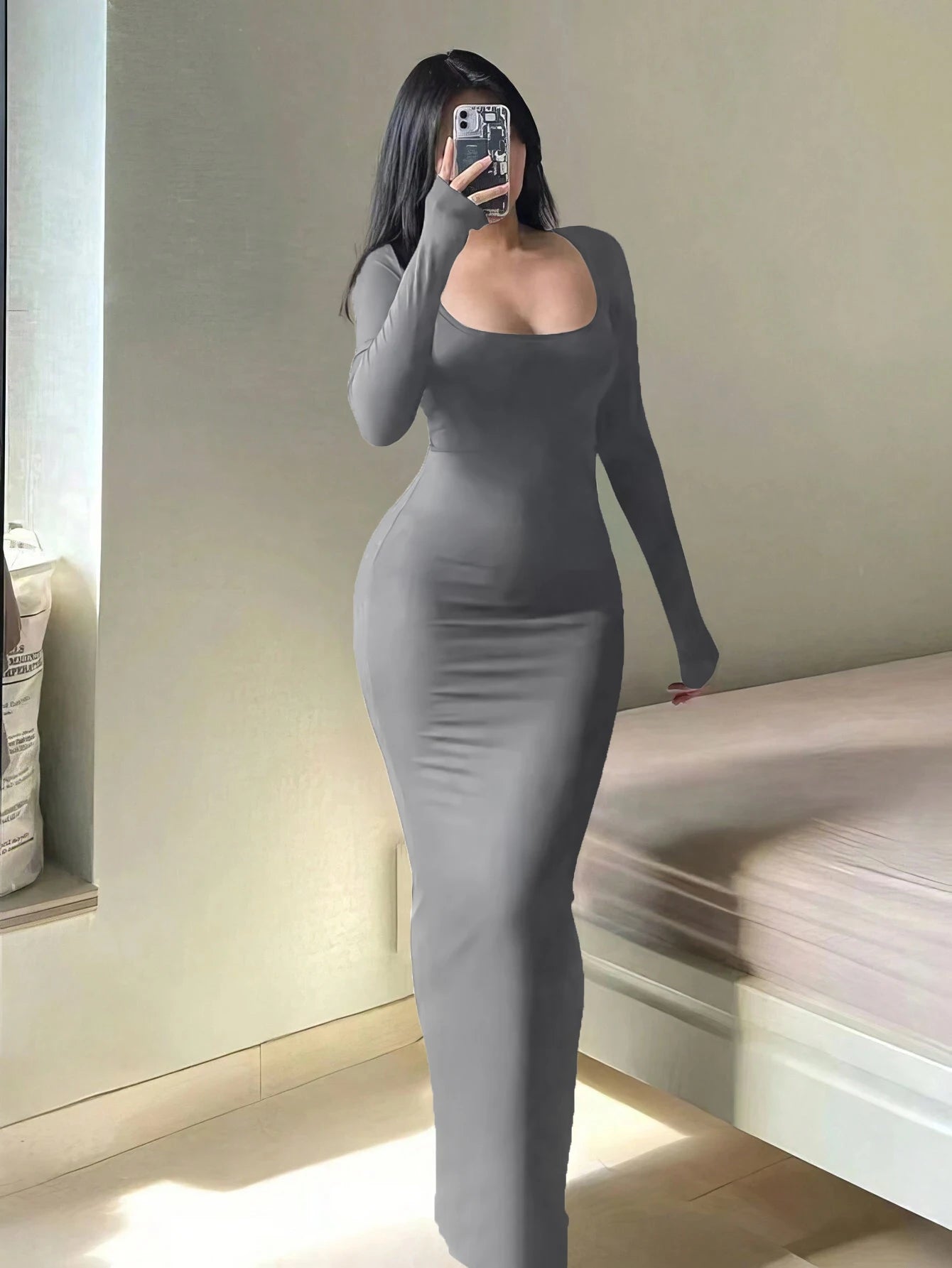 Women's Long Sleeve Scoop Neck Bodycon Maxi Dress