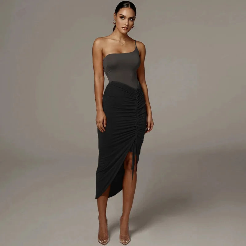 Women New Asymmetrical Shirring Skirt High Waist Pleated Fashion Pencil Skirt Summer Solid Wrap Hip Sexy Slim Irregular Skirts