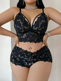 Black Floral Lace 2-Piece Bra and Shorts Lingerie Set for Women