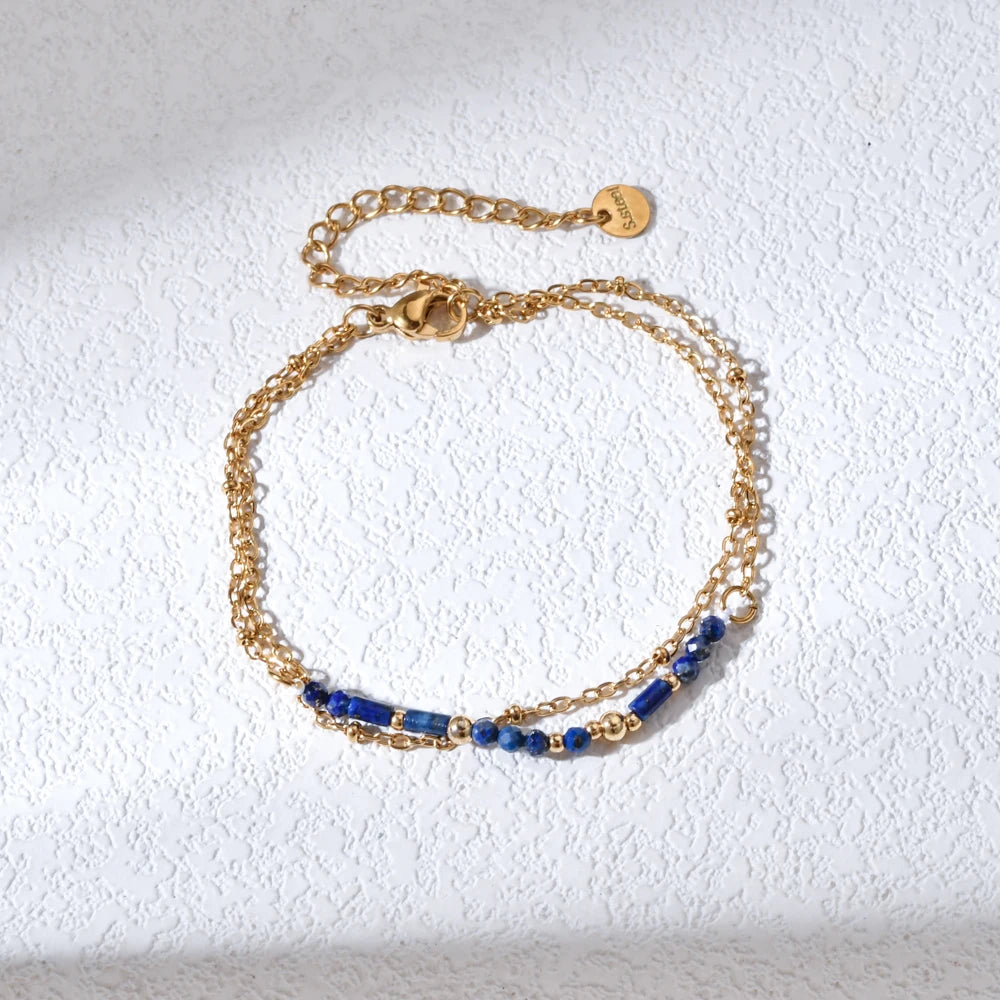 Thin Boho 18K Gold PVD Plated Stainless Steel Chain Bracelets for Women Charm Lapis Lazuli Turquoise Natural Stone Jewelry Gift