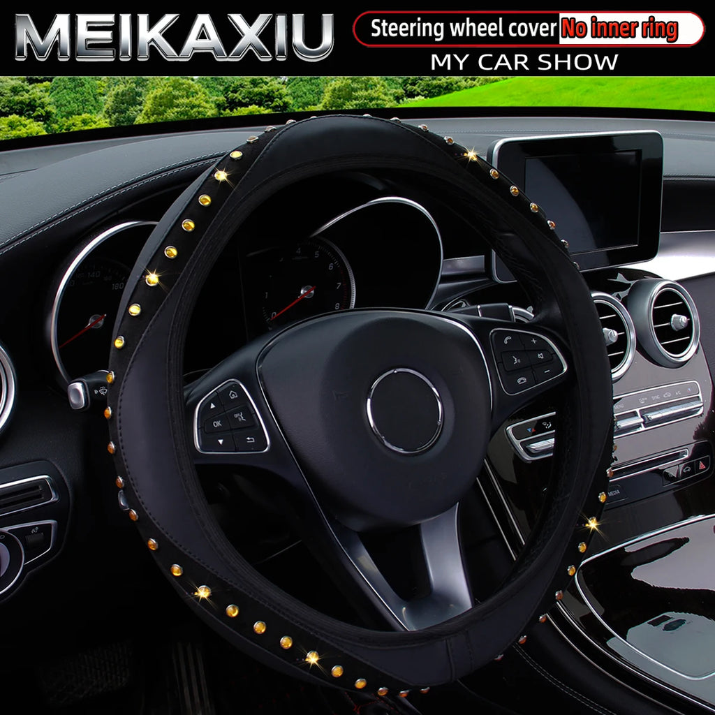 Blingbling New PU Leather Steering Wheel Cover for Women with Artificial Gemstones Car Decorative Item Rimless