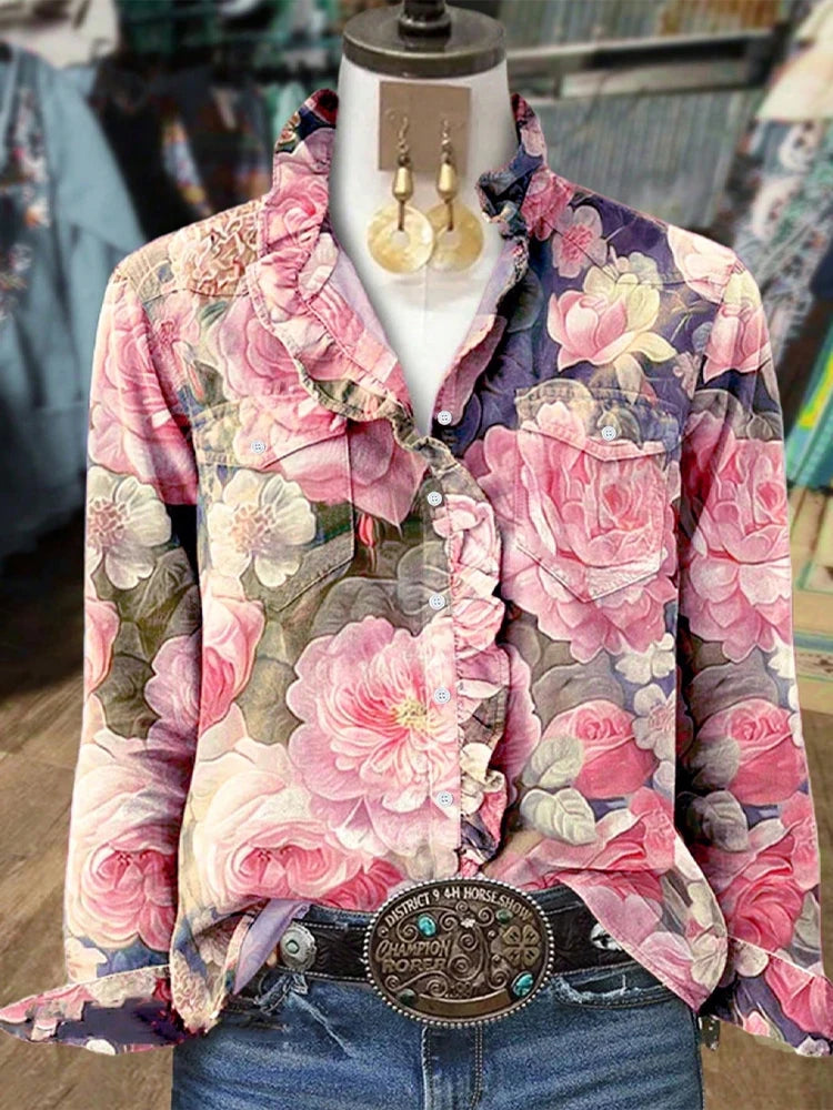 Plus Size Long Sleeve Button Up Floral Shirt