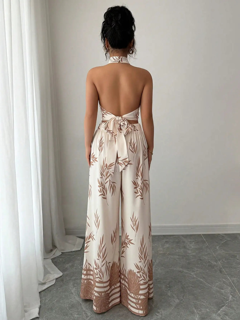 Women's Tropical Print Halter Neck Top with Wide Leg Pants Set