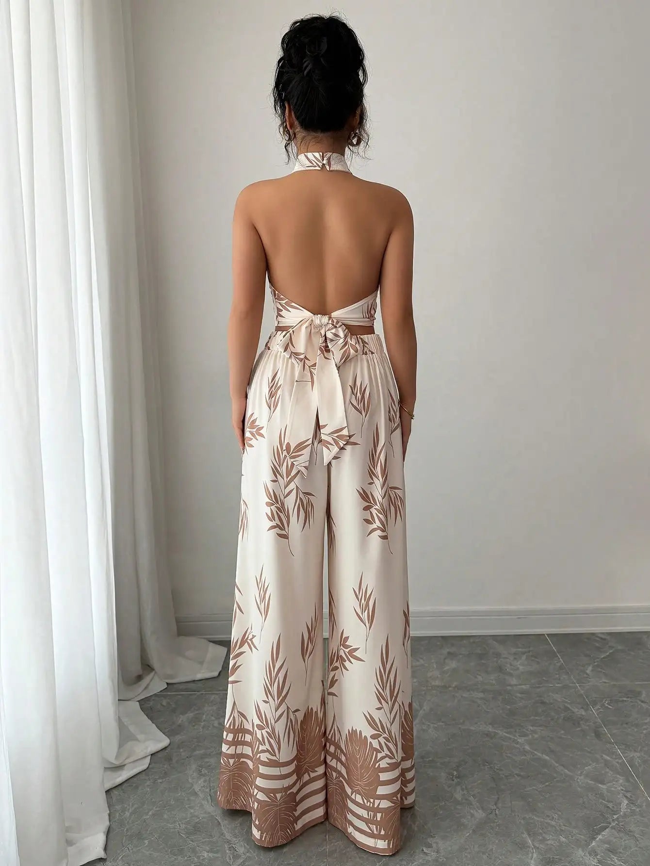 Women's Tropical Print Halter Neck Top with Wide Leg Pants Set