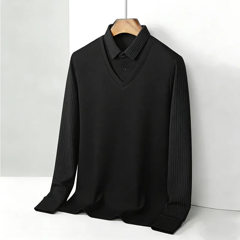Men's Fake Two Piece Shirt Collar V Neck Long Sleeve Top Khaki Striped Casual Fashion Soft Fabric Daily Wear Blouse