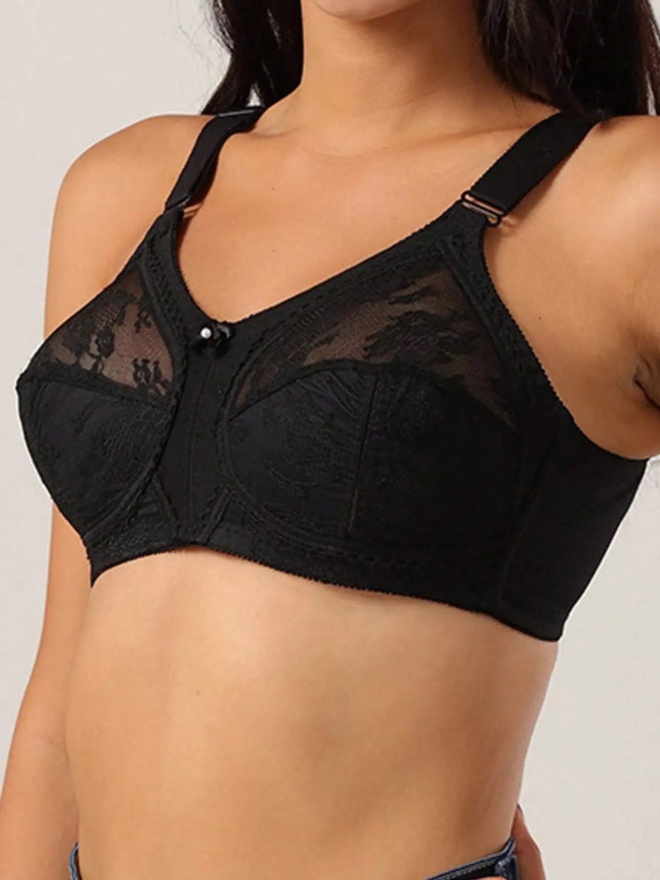 Black Lace Full Coverage Bra with Sheer Panels and Adjustable Straps